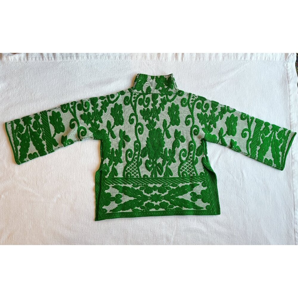 NWOT Rebecca Taylor Merino Wool Green Tapestry Jacquard Oversize Sweater, XS